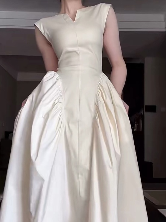 Dresses & Skirts - Ivory Cotton Maxi Dress Full Skirt Ruched Bodice